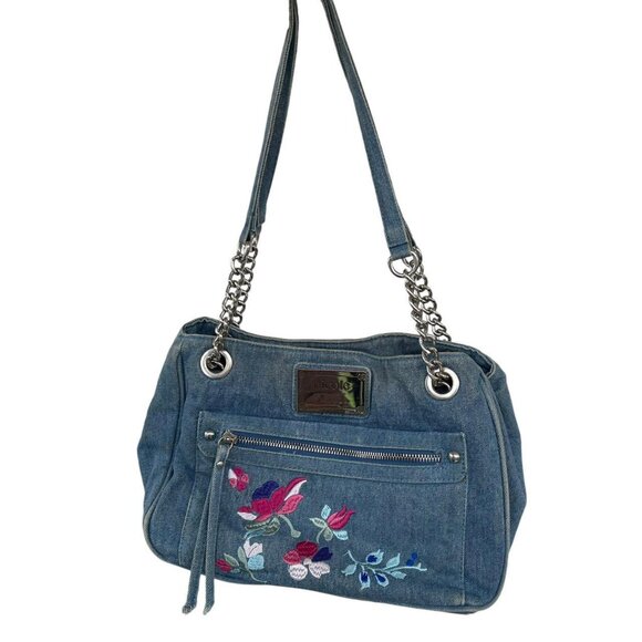 🌼 Nicole by Nicole Miller Denim Floral Embroidered Shoulder Bag Y2K Vintage - Picture 1 of 8